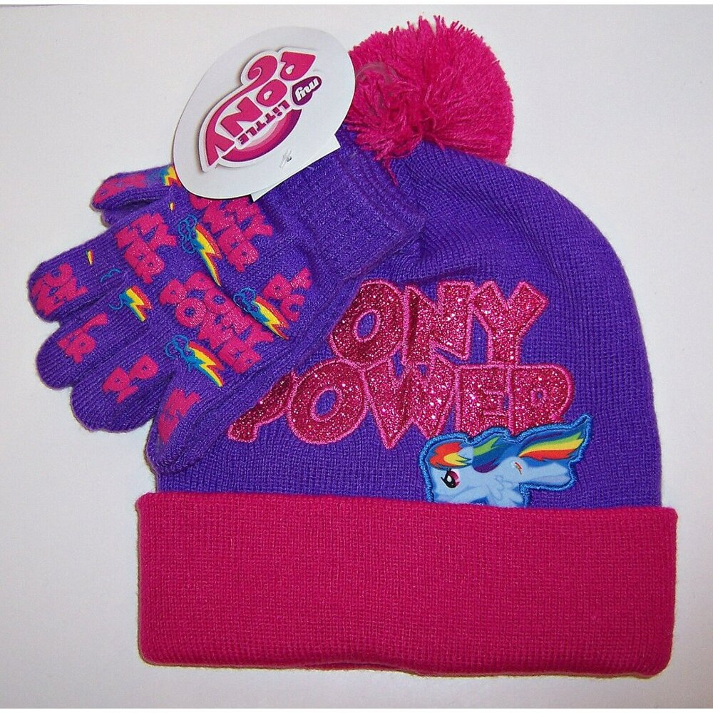 MY LITTLE PONY Pony Power Purple/Pink Glitter KNIT HAT Pom-Pom BEANIE GLOVES SET